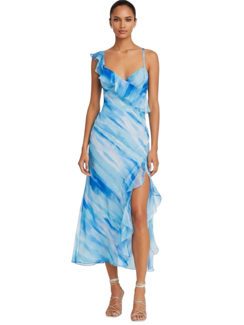 AQUA Ruffled Midi Dress Women's XS Blue Ombre Crossover V-Neck Back Zip Closure